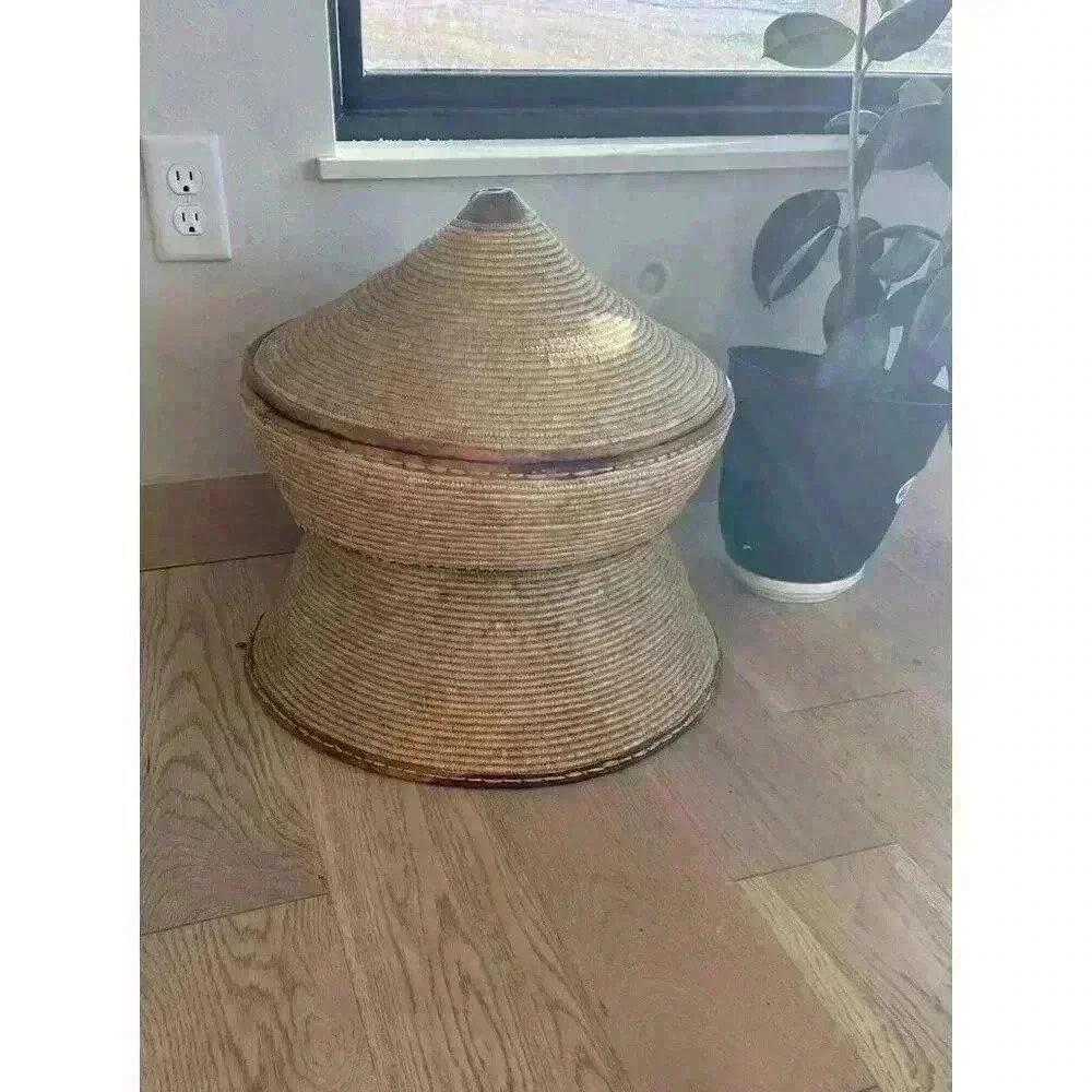 Antique Large woven basket With Lid Reversible Pointed Coil Cone Leather Piping
